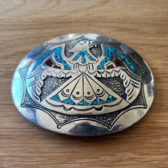 Vintage Thunderbird Belt Buckle Navajo Mosaic Turquoise Chip Jimmie J NEZZIE - Picture 9 of 11